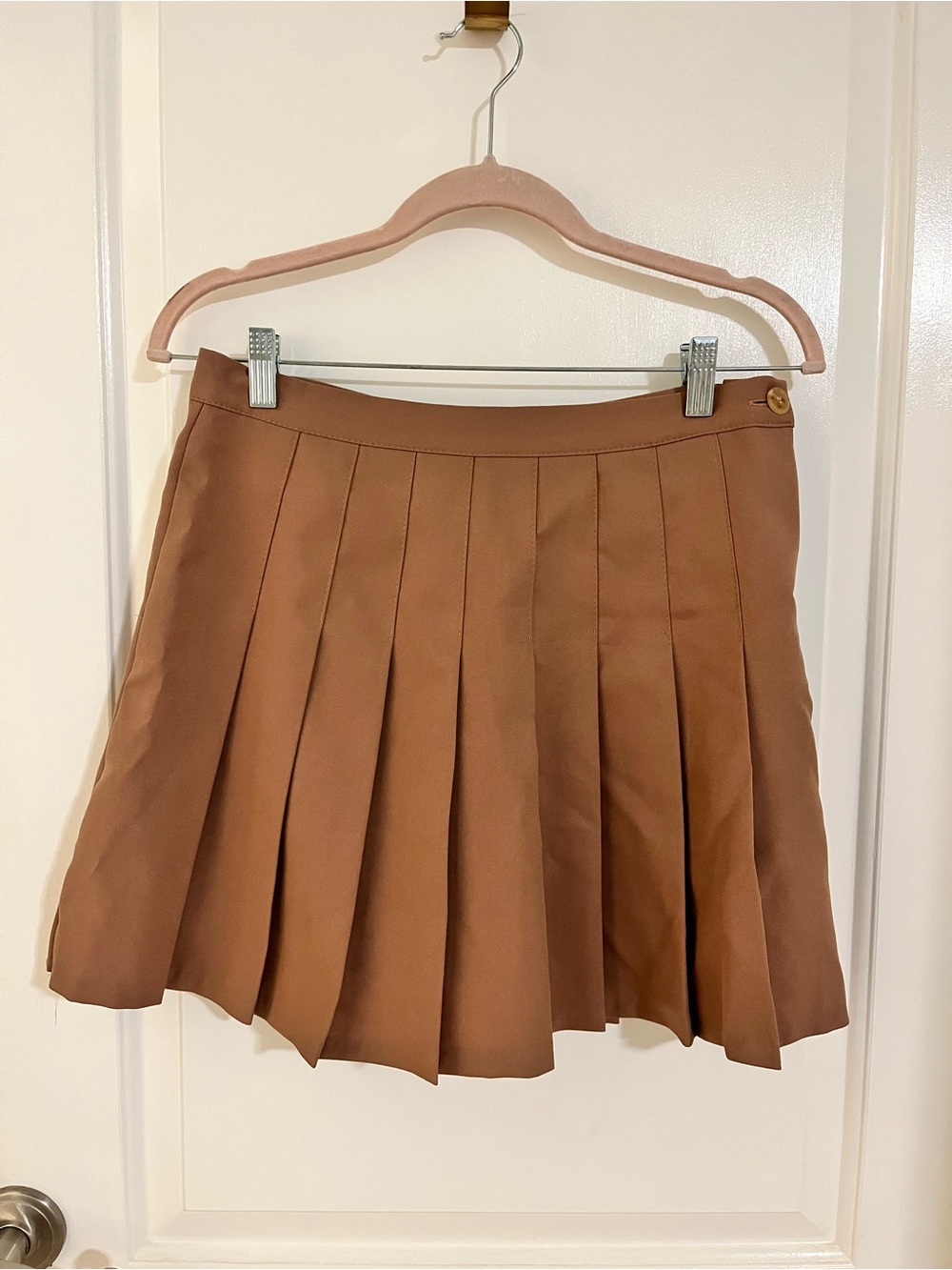 NWOT Brown pleated mini skirt with button detail